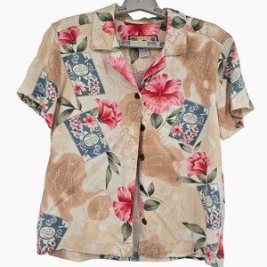 Caribbean Joe Petite PM Floral Button Up Shirt Beige Pink Rayon Short Sleeve
